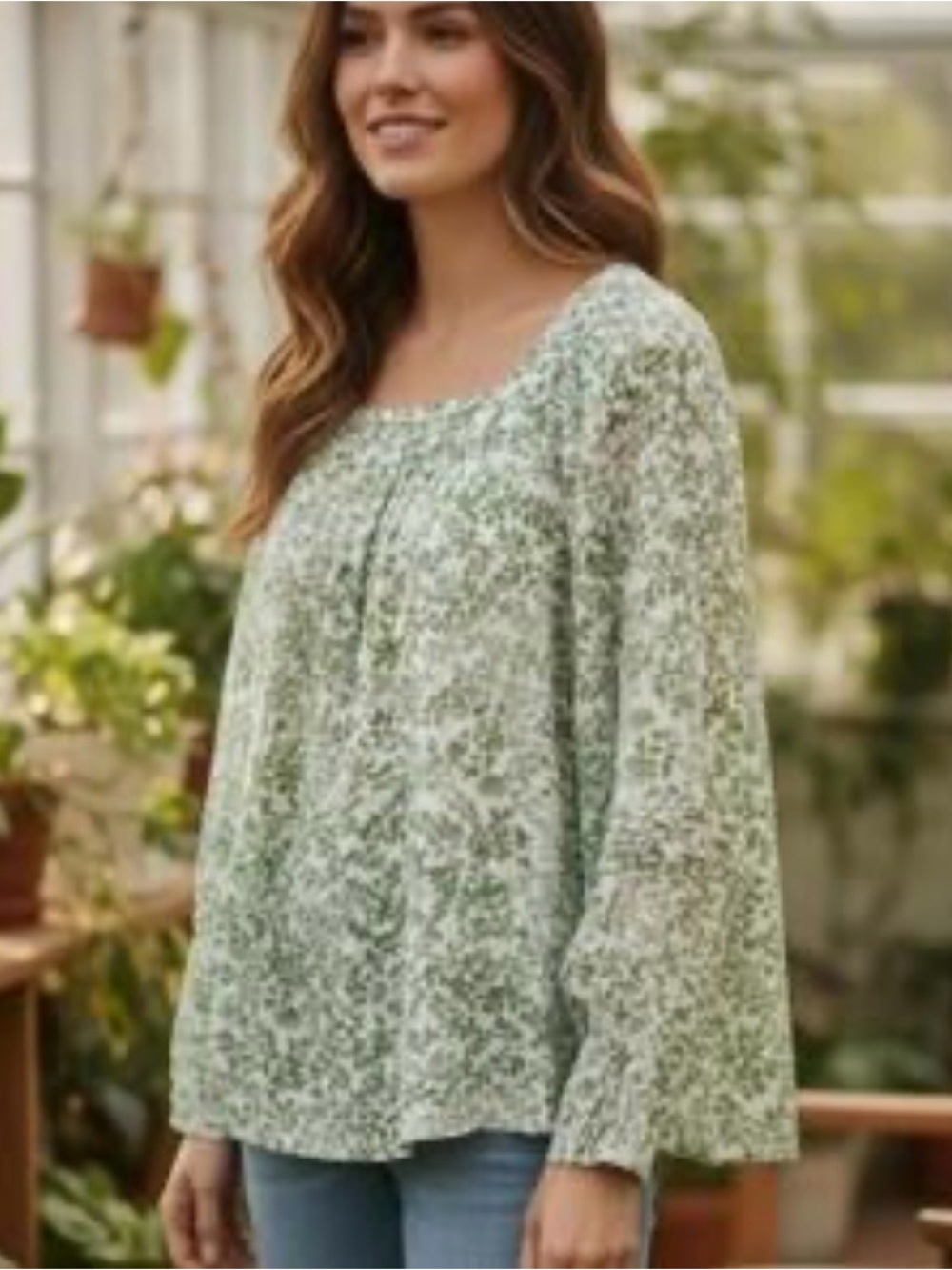 LC Lauren Conrad Green and White Floral Square-Neck Peasant Boho Blouse Size XXL